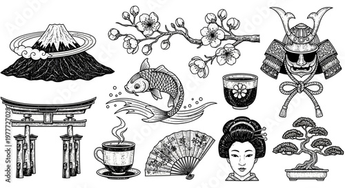 Japanese Cultural Icons: Mt. Fuji, Torii Gate, Geisha, Samurai, Koi Fish, Bonsai Tree