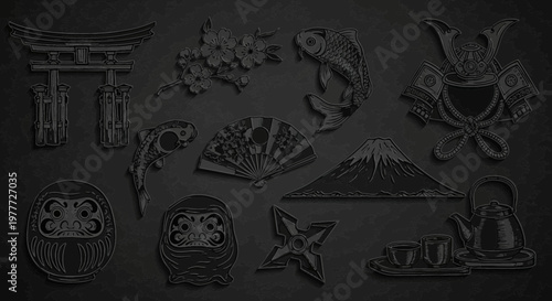 Japanese Culture Symbols Montage: Mount Fuji, Samurai Helmet, Daruma Doll, Torii Gate, Tea Set