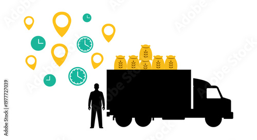 Logistics and delivery concept with truck, bags of grain, clocks, and location pins