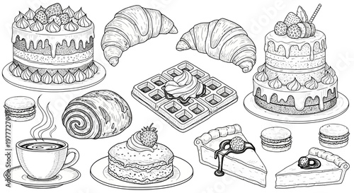 Hand-Drawn Bakery Assortment: Cakes, Croissants, Coffee, Pie, Waffles, Macarons