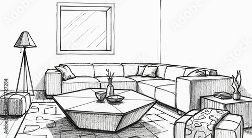 Modern Living Room Sketch: Sectional Sofa, Geometric Coffee Table, Floor Lamp, Poufs