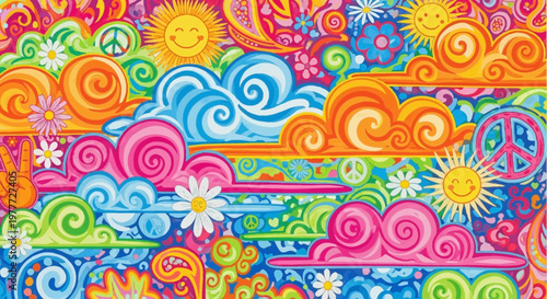 Retro Psychedelic Clouds Sun Flowers Peace Signs Vibrant Colors 70s Style