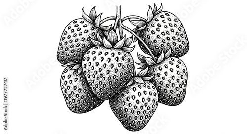Hand-drawn sketch of ripe strawberries on a vine, vintage botanical illustration style