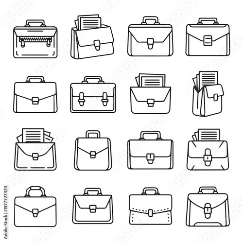 Collection of diverse briefcase outlines on white background business accessory set