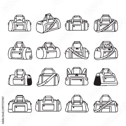 Collection of diverse duffel bags and gym sacks displayed in a clean modern graphic style