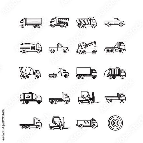Collection of diverse commercial vehicle line art icons in simple graphic style