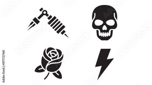 Tattoo Icons Set Minimal Black Skull Rose Syringe Lightning Bolt Tattoo Art Vector Symbols