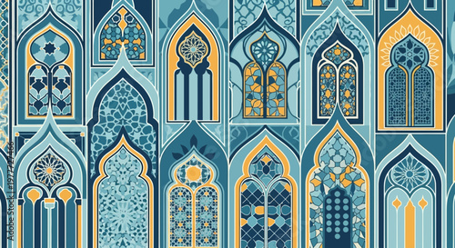 Intricate Islamic Archways Pattern: Blue, Teal, and Gold Geometric Mosaic