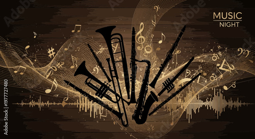 Jazz Music Night: Saxophone, Trumpet, Clarinet with Musical Notes and Sound Waves