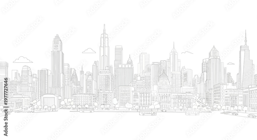 Fototapeta premium New York City Skyline Sketch - Iconic Buildings and Urban Landscape