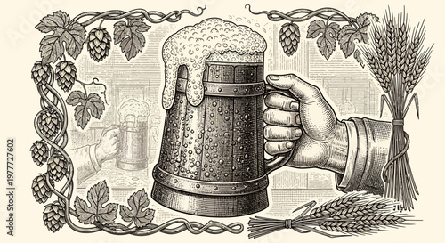 Vintage Beer Mug with Hops and Barley Illustration
