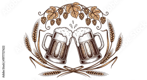 Two Beer Mugs Toasting with Foam, Surrounded by Hops and Wheat Stalks