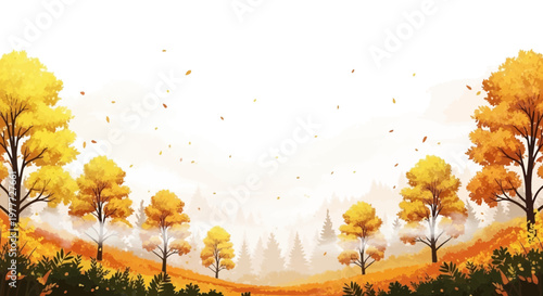 Vibrant Autumn Forest Landscape with Falling Leaves and Misty Hills