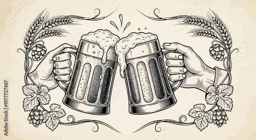 Vintage Beer Mugs Toasting Celebration - Hand Drawn Illustration