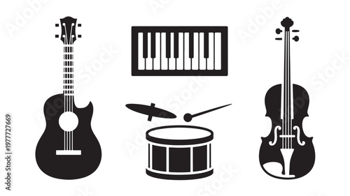 Music Instrument Icons Set Black Silhouettes of Guitar Piano Violin and Drum for Audio Design Concepts