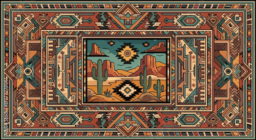 Southwestern Desert Landscape Rug Pattern: Cacti, Mesas, and Geometric Designs