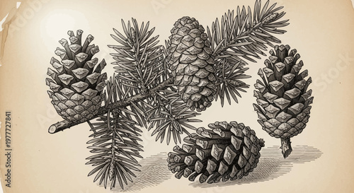 Vintage Engraving of Pine Cones and Evergreen Branch on Textured Background