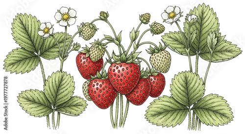 Strawberry plant with ripe berries and white flowers, botanical illustration, white background