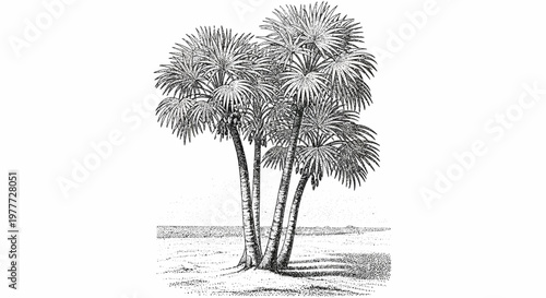 Vintage illustration of a cluster of palm trees in a natural landscape