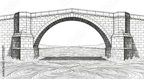 Stone Arch Bridge Over Flowing River, Historic Architecture, Black and White Drawing