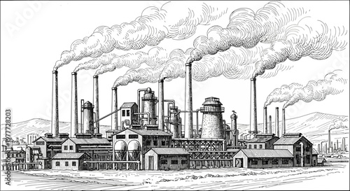 Vintage Industrial Factory with Smoke Stacks Emitting Pollution