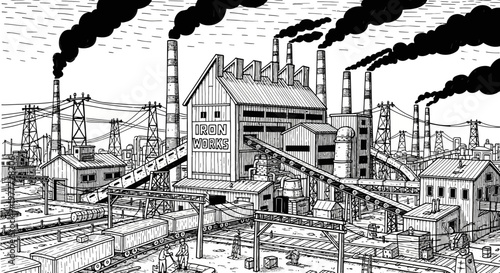 Vintage Iron Works Factory with Smoke Stacks and Trains, Industrial Revolution Era