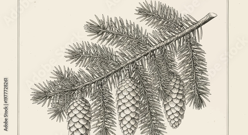 Vintage Botanical Illustration of Spruce Branch with Pine Cones, Detailed Engraving