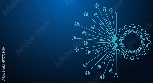 Futuristic digital blue gear with connecting lines, representing technology and innovation