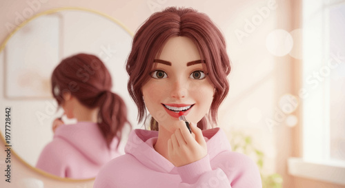 Young Woman Applying Lipstick in Mirror, Morning Routine, Beauty and Self-Care
