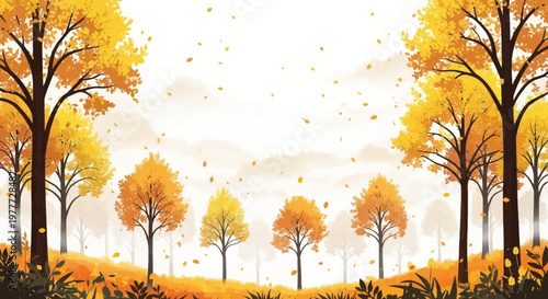 Vibrant Autumn Forest Landscape with Falling Leaves and Golden Trees