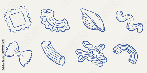 Collection of various Italian pasta shapes in blue line art style