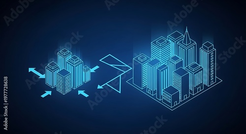 Futuristic isometric city with arrows, building concepts and network connections, on a dark blue background