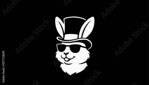 Rabbit head illustration wears dark sunglasses and a dapper top hat in this minimalist black and white graphic design suitable for branding.