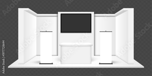 White Exhibition Stand Mockup with Screen and Roll-up Banners Vector Template