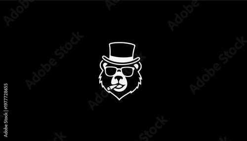 Bear head illustration wears dark sunglasses and a formal top hat while smoking a cigar in this stylish monochromatic graphic art piece.