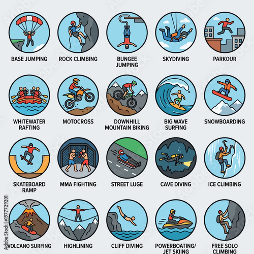 A Vibrant Collection of Extreme Sports Icons Showcasing Thrilling Outdoor Adventures