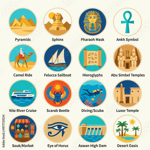 Collection of ancient Egyptian cultural symbols and iconic landmarks for travel and education