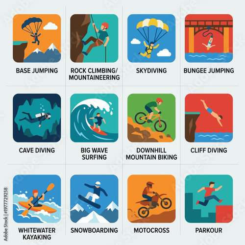 Collection of Extreme Sports and Adventure Activities Icons for Visual Design