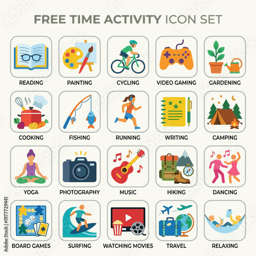 Diverse Free Time Activities Icon Set Showcasing Hobbies and Leisure Pursuits