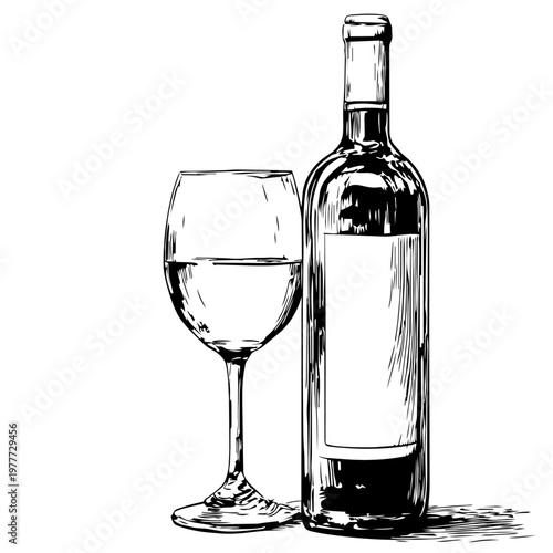 Wine bottle and glass stand together on a table in simple line art style