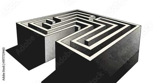 Complex stone labyrinth maze with high walls and intricate pathways