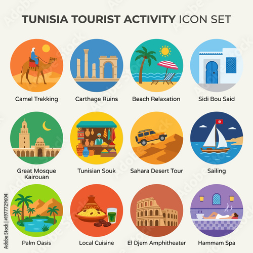 Tunisia Tourist Activity Icon Set Showcasing Cultural and Natural Attractions