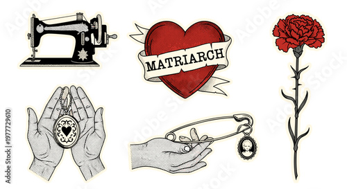 Collection of vintage sewing and embroidery tools and symbols