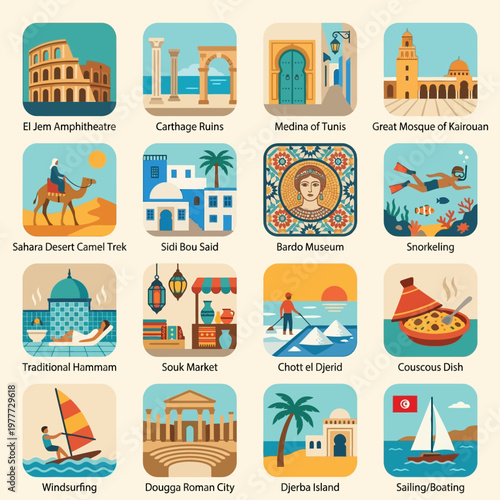 Vector Illustration of Tunisian Cultural Landmarks and Activities Collage