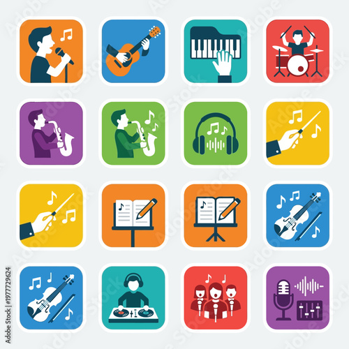 Vibrant Collection of Musical Icons Representing Diverse Music Genres and Instruments