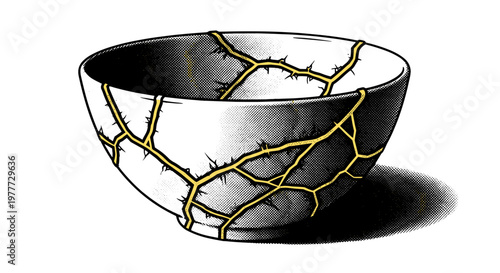 Cracked ceramic bowl with gold accents on textured surface