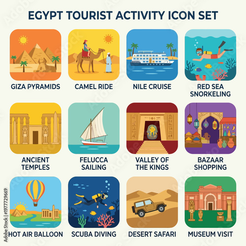 Vibrant Egypt Tourist Activity Icon Set Showcasing Iconic Landmarks and Adventures