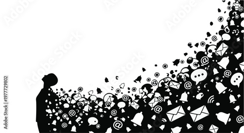 man surrounded by flying social media icons and messages