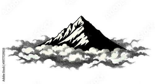 Black and white mountain landscape with clouds and peaks
