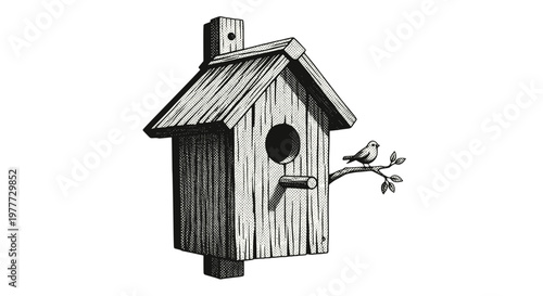 Handdrawn illustration of a birdhouse with a bird perched outside